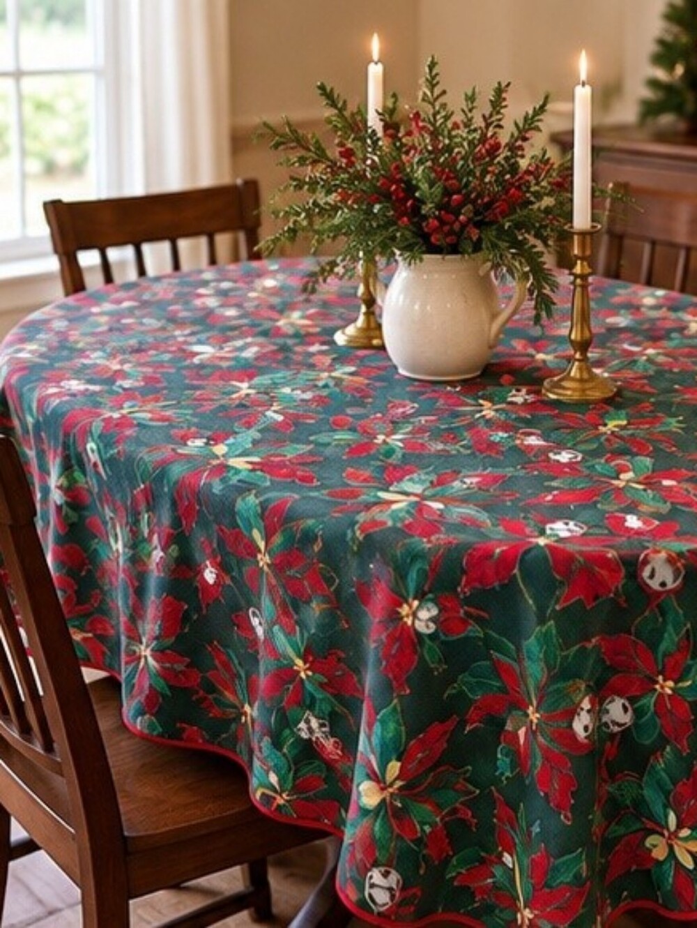 Vintage Christmas Poinsettia & Jingle Bell Oval Tablecloth – 56" x 74"